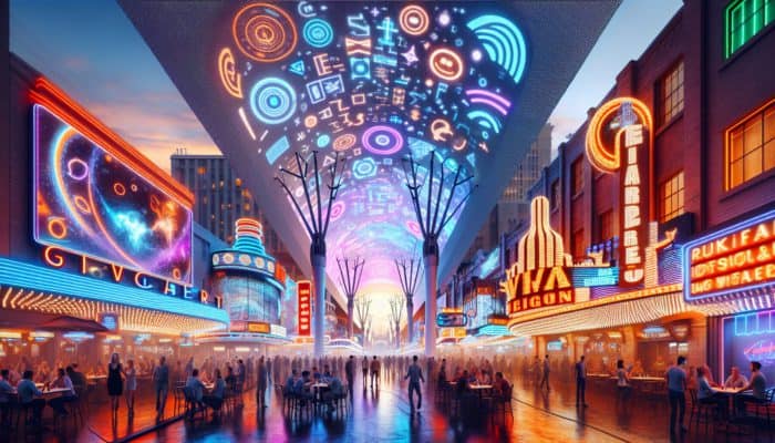 Fremont Street at dusk illuminated with neon lights, featuring the Viva Vision screen and people enjoying drinks at outdoor bars.