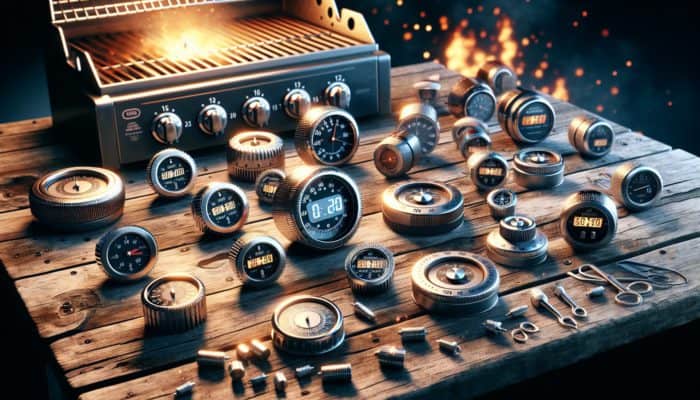 A variety of grill timers on a wooden table including mechanical dials, digital countdown timers, and magnetic models near a lit barbecue grill.