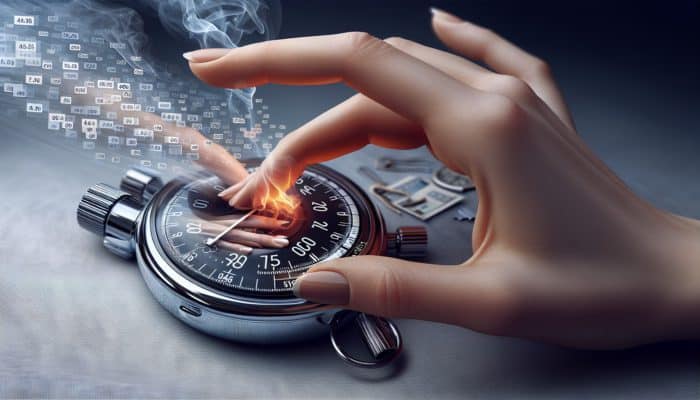 Hand adjusting the settings of a digital timer, stopwatch indicating 10 minutes, with a grilling scene in the background.