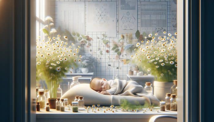 A baby sleeping peacefully in a nursery surrounded by chamomile and fennel plants.
