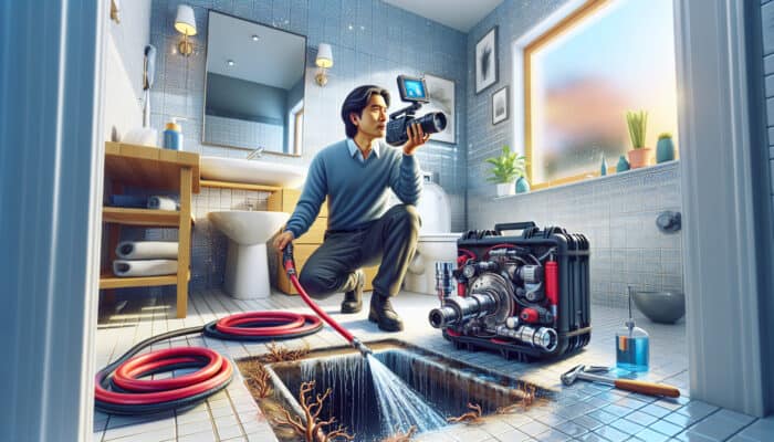Drain Services in Mission: A plumber inspecting a clogged drain with advanced camera technology, with hydro-jetting and root removal tools nearby.