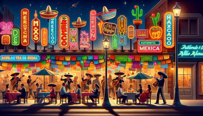 Colorful Las Vegas street at night showcasing authentic Mexican restaurants, mariachi bands, and families enjoying tacos and margaritas.