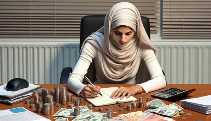 Individual at a desk outlining financial objectives for debt consolidation while surrounded by bills.