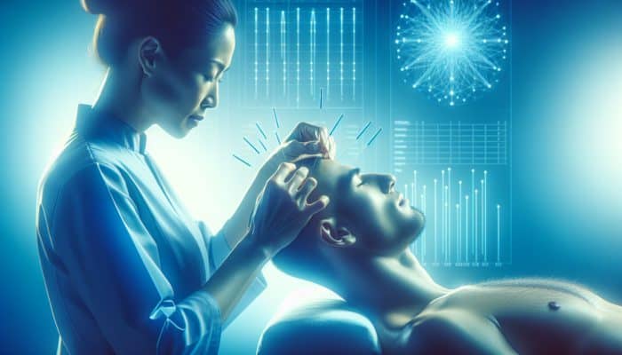 A serene acupuncture session for vertigo treatment with needles in head and neck, in calming blue tones.