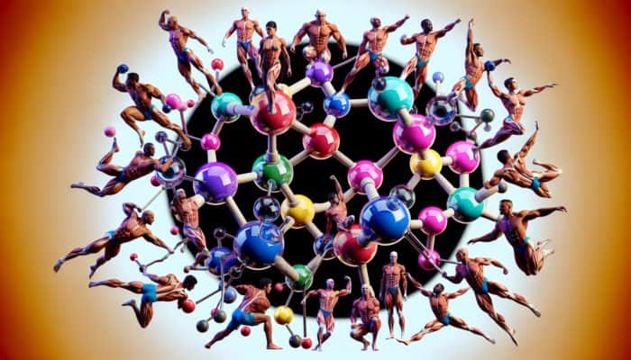 Molecular structure of HMB with athletes in action, representing muscle growth and recovery.