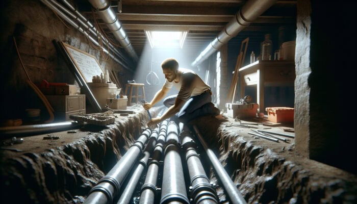 A plumber installing a drainage system in a dimly lit crawl space in Abbotsford.