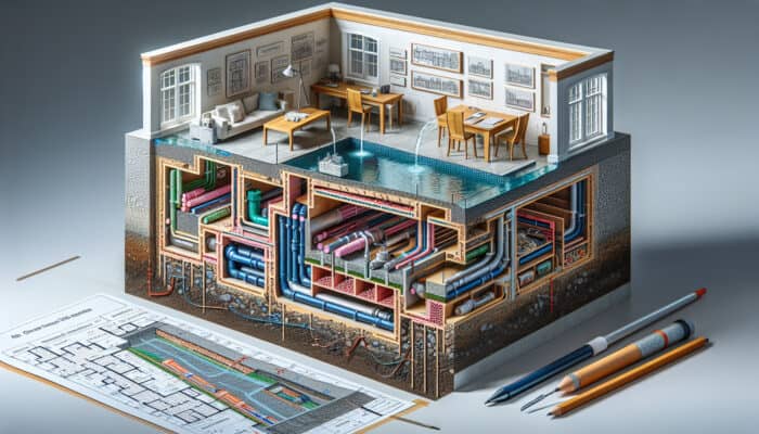 Cross-section of a building in Surrey showcasing interior drainage solutions effectively managing water flow and preventing flooding.