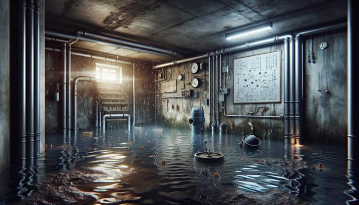 A flooded basement with clogged drains, malfunctioning sump pump, and signs of poor installation and water infiltration.