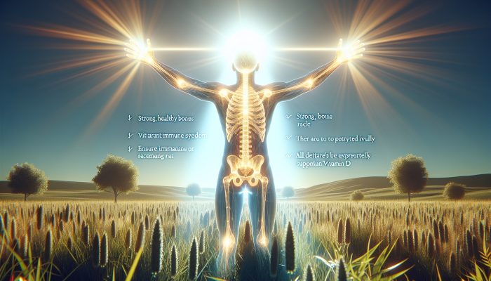 Person in sunny field, arms outstretched, symbolising vitamin D benefits for bones and immune system.