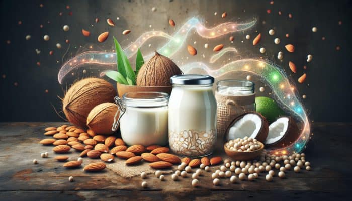 A collection of non-dairy products like almond yogurt, coconut kefir, and soy cheese displayed in glass jars with plant-based ingredients and probiotic cultures.