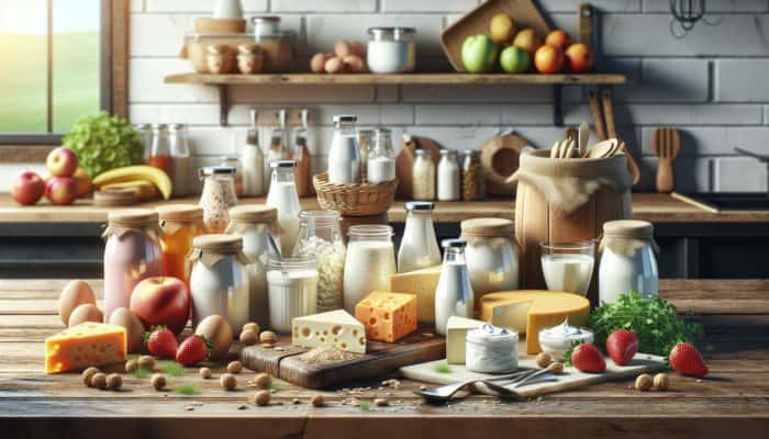 A lively kitchen scene with plant-based yogurt and cheese on a rustic table, surrounded by fresh fruits and herbs.