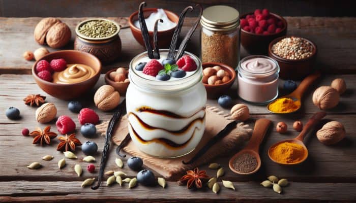 Jar of coconut yogurt with vanilla beans, berries, and spices displayed on a rustic wooden table.