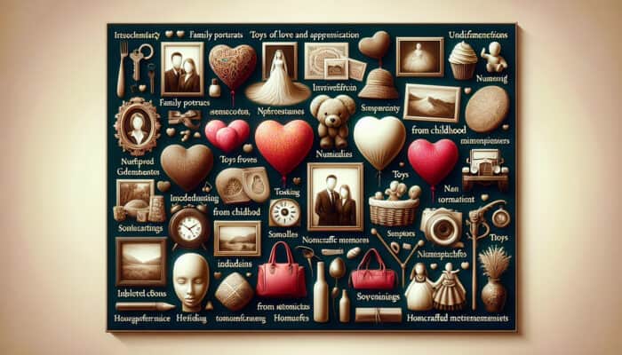 Sorting Sentimental Items for Clearance: A collage showcasing sentimental items including family photos, gifts, toys, letters, wedding mementos, jewelry, artworks, and souvenirs.