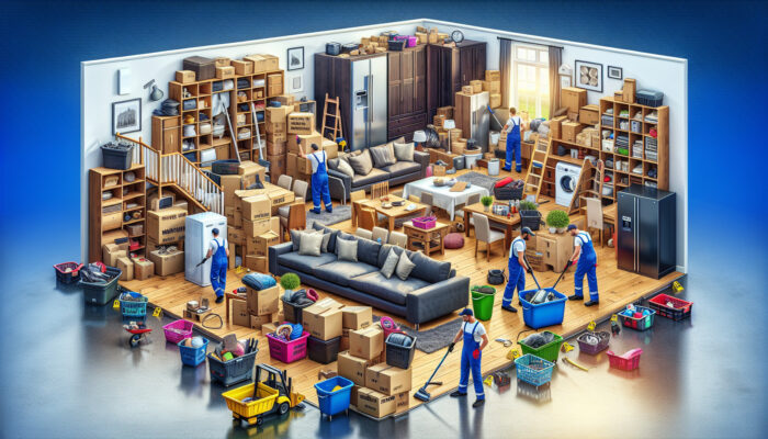 UK home clearance illustrating how property size and item volume influence costs, with professionals removing large furniture and appliances.