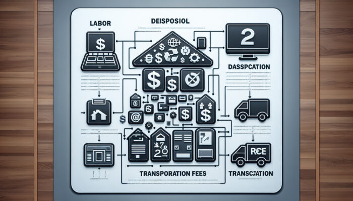 Infographic illustrating house clearance costs with segments on labour, disposal, and transportation, represented with icons and graphs.