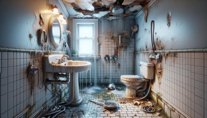 A bathroom displaying various shower problems like leaks, cracks, and mould, necessitating professional repair.