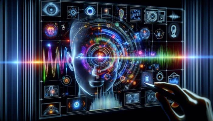 Optimizing Videos For AI Overviews: AI analysing video with overlays highlighting objects, movements, facial expressions, and audio analysis.