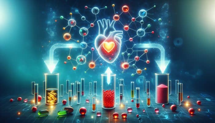 Diagram illustrating omega-3 and vitamins enhancing heart health, and vitamin E's adverse effect with blood thinners in a lab environment.