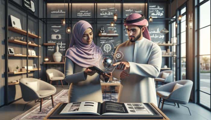A small business owner demonstrating AR on a smartphone to a customer in a modern store, enhancing the digital shopping experience.