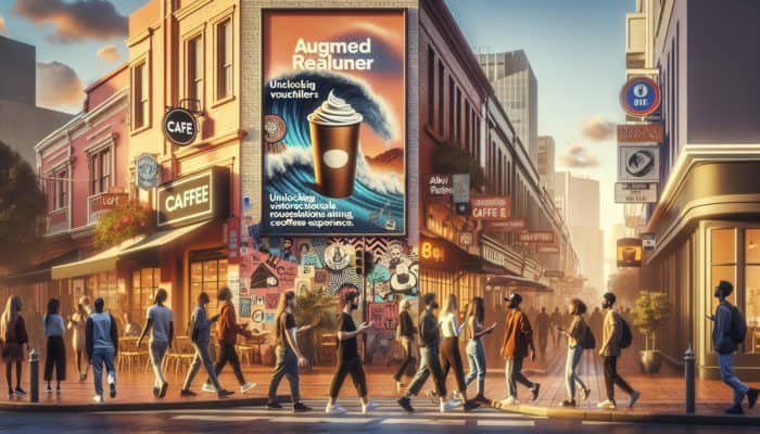 Pedestrians in Cape Town utilizing AR on smartphones to unlock virtual coffee vouchers from a café poster.