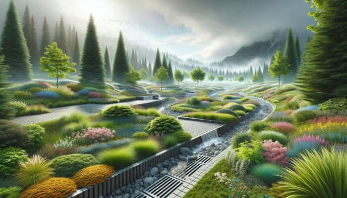 Landscape Drainage Services in Pitt Meadows: A serene Pitt Meadows landscape featuring French drains, swales, and permeable paving managing water flow and preventing pooling, under a cloudy sky, showcasing lush, healthy greenery and vibrant flowers.