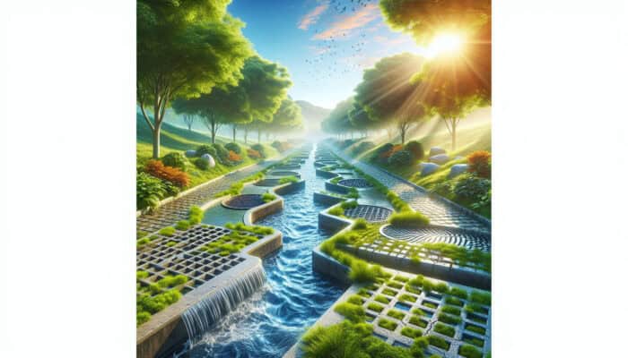 A serene landscape featuring French drains, swales, dry wells, and permeable paving, surrounded by lush greenery.