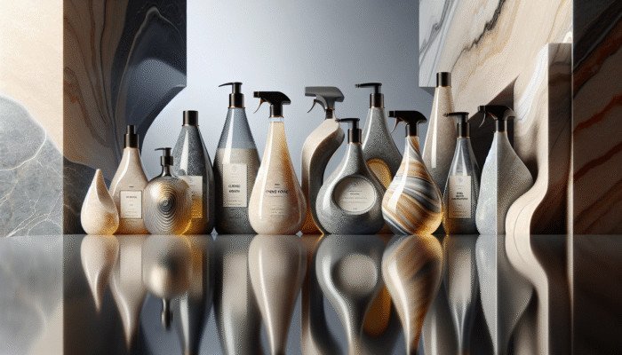 Display of premium pH-neutral stone floor cleaners from leading UK brands on a marble countertop.