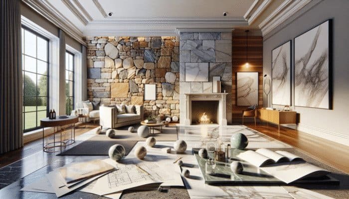 Interior featuring sandstone, slate, and marble, maintained by LTP's pH-neutral cleaners, showcasing natural allure.