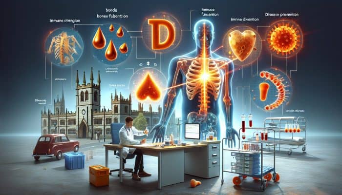 Vitamin D Blood Test in Castleford: Illustration of vitamin D's effects on bone health, immunity, and disease prevention, with blood testing in Castleford.