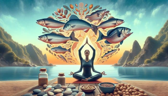 A person practicing yoga by the sea with fish and nuts, representing support for thyroid health.
