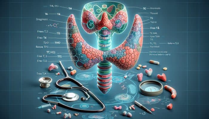 Detailed illustration of thyroid gland with labeled sections for TSH, T4, T3, TPO, Tg, Free T4, Free T3, Reverse T3, and diagnostic tools.
