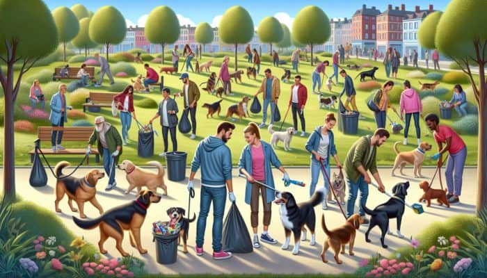 Dogs and owners at a community cleanup, improving training and social skills in a park.