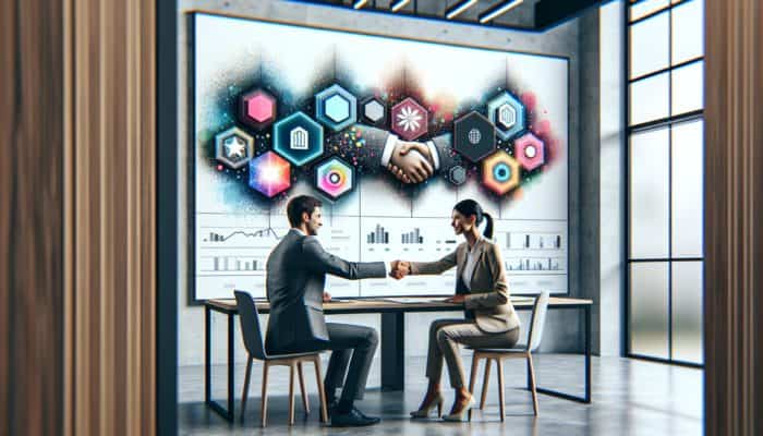 Buyer and seller shaking hands at the negotiation table with charts and agent in a modern office.