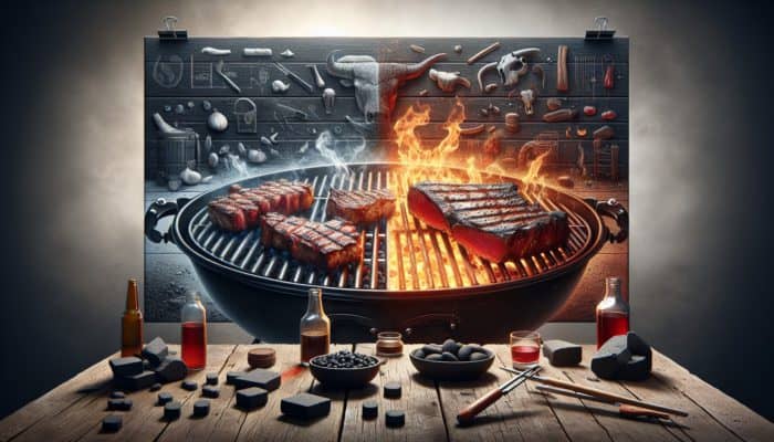 Comparative view of briquettes and lump charcoal on a rustic table, showcasing steaks searing and ribs slow-cooking.
