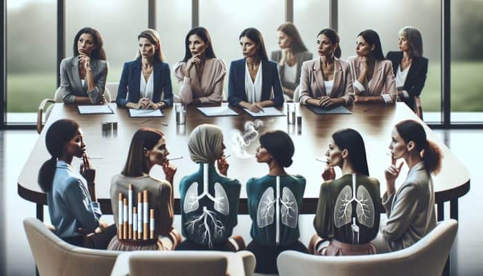 Female experts discussing effective strategies for smoking cessation in a modern conference setting.