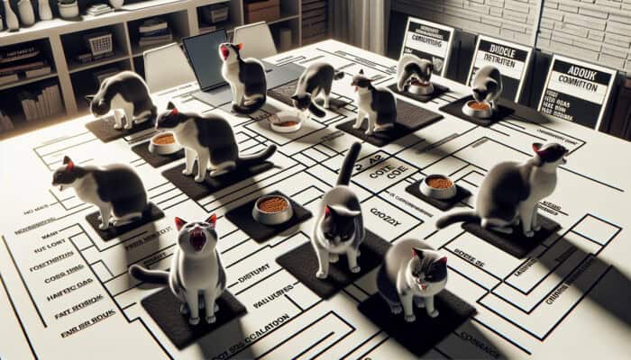 Cats displaying territorial aggression by hissing and arching over food and space in a multi-cat environment.