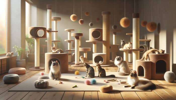 A peaceful room featuring cat towers, posts, and toys where multiple cats coexist and play harmoniously.