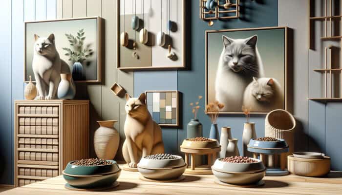 A cozy home with distinct cat feeding stations, each equipped with unique bowls, fostering a peaceful atmosphere.