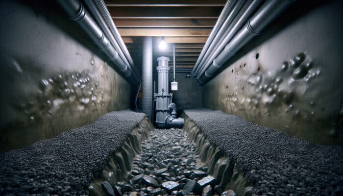 Crawl space equipped with sump pump, French drain, and interior drainage pipes designed for efficient water removal.