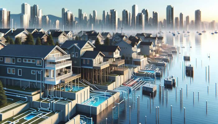 Urban West End neighborhood showcasing elevated homes with integrated drainage systems near English Bay, effectively preventing flooding.