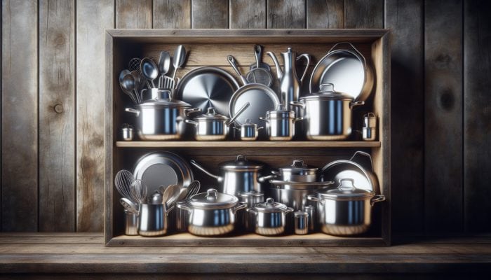 A kitchen shelf showcasing a variety of durable stainless steel and cast iron cookware, highlighting their strength and modern design against a rustic wooden backdrop.