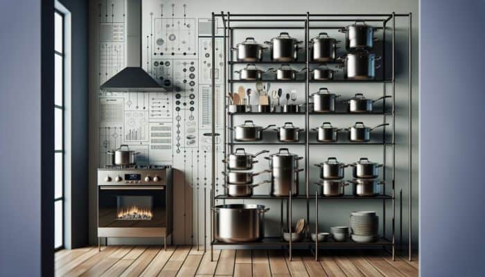 A compact kitchen with an organized display of high-quality cookware on a modern rack, showcasing efficient storage solutions.