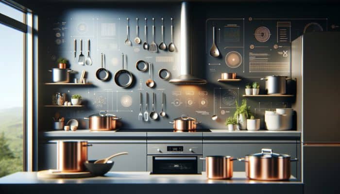 A modern kitchen featuring induction-compatible and environmentally friendly cookware that enhances a compact cooking space.