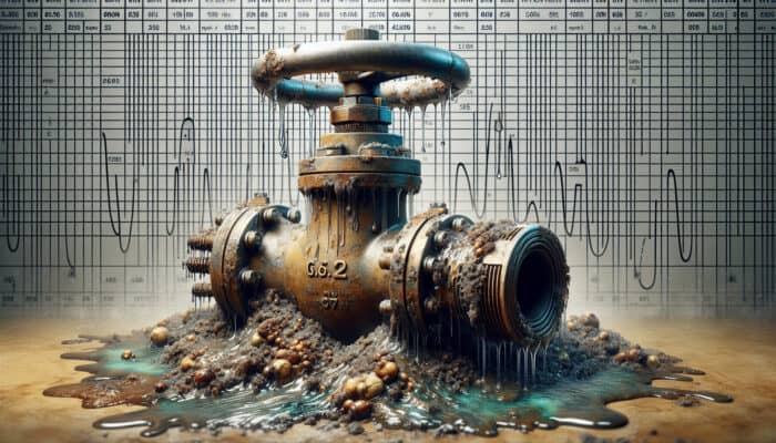 A corroded water valve exhibiting leaks, surrounded by sediment, alongside temperature gauges.