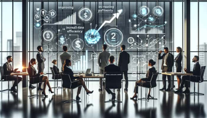 A modern office with professionals analysing cost metrics on a digital dashboard, showing efficiency and profitability trends.