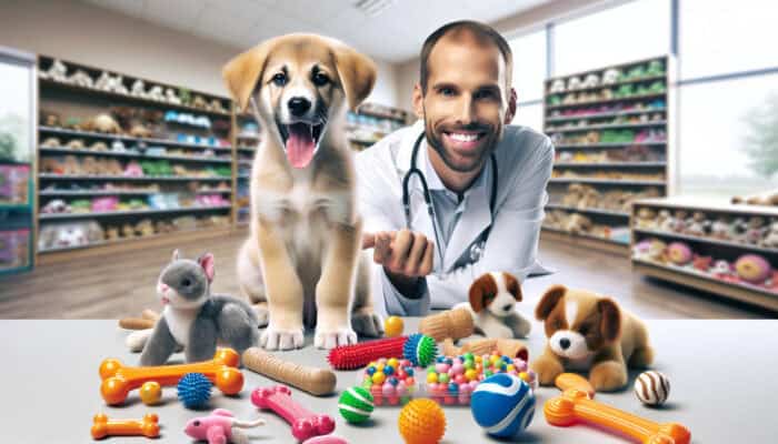 A playful puppy surrounded by colorful teething toys, with a vet demonstrating safe options in a pet store.