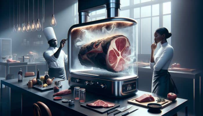 Using a Smoke Generator for Large Cuts: A modern smoke generator infusing a large cut of meat with smoky flavours in a high-end kitchen.