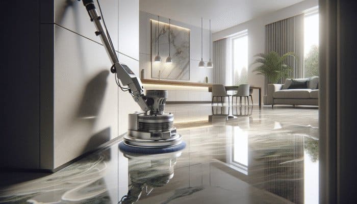 Modern stone floor polisher enhancing the shine of luxurious marble floor in a UK home.