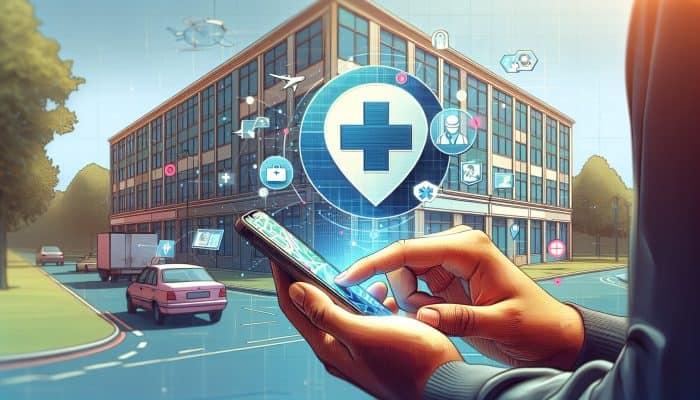 Person in Bicester using smartphone to find diabetes blood test clinic, with map and medical sign.