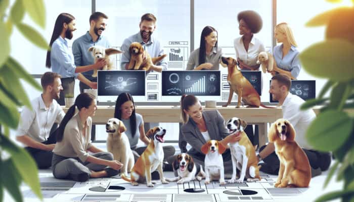 A tranquil office environment showcasing employees and pets, contributing to wellness and joy.